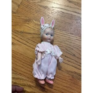 Vintage Porcelain Doll Bunny Costume Pink White Stripes Easter Collectible
